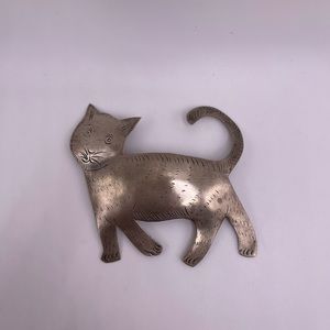 Silver-Tone Vintage Cat Handmade Artisan Brooch Pin
